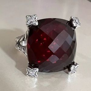David Yurman 925 Silver 20mm Cushion on Point With Garnet and Diamonds Size 8